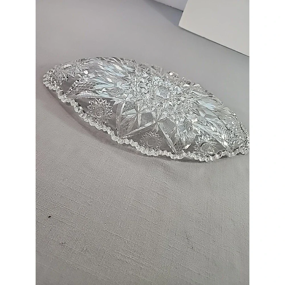 Vintage Heavy Cut Glass Oval Serving Bowl 12” Starburst Sawtooth Rim